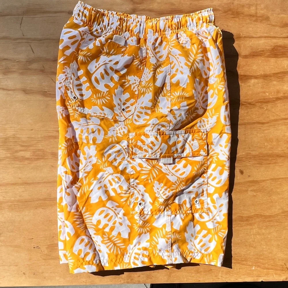 Priority Male Hawaiian Authentic Swim Trunks Orange White Tropical Floral Large